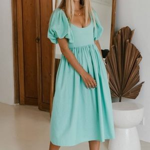 Bali Elf 100% Linen Turquoise Puff Sleeve Midi Dress NWT